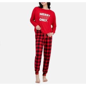 Jenni Intimates Pajama Set Womens XS Red MERRY VIBES ONLY Buffalo Plaid Lounge